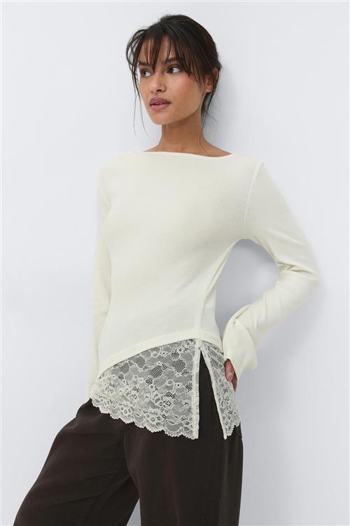 Gina Tricot - Lace detail boatneck top - Langærmede toppe - Hvid - L - Dame