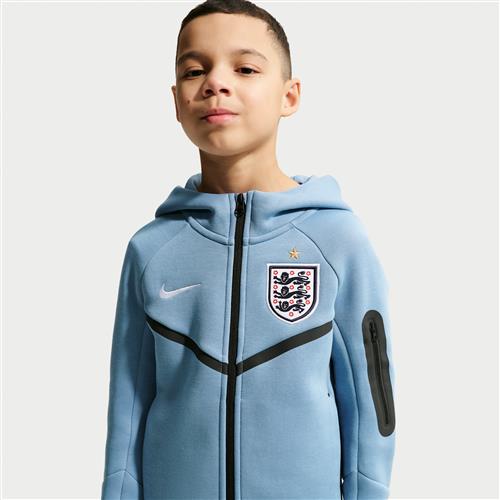 England Tech Fleece Third-Nike-fodboldhættetrøje med lynlås i fuld længde til større børn (drenge) - blå