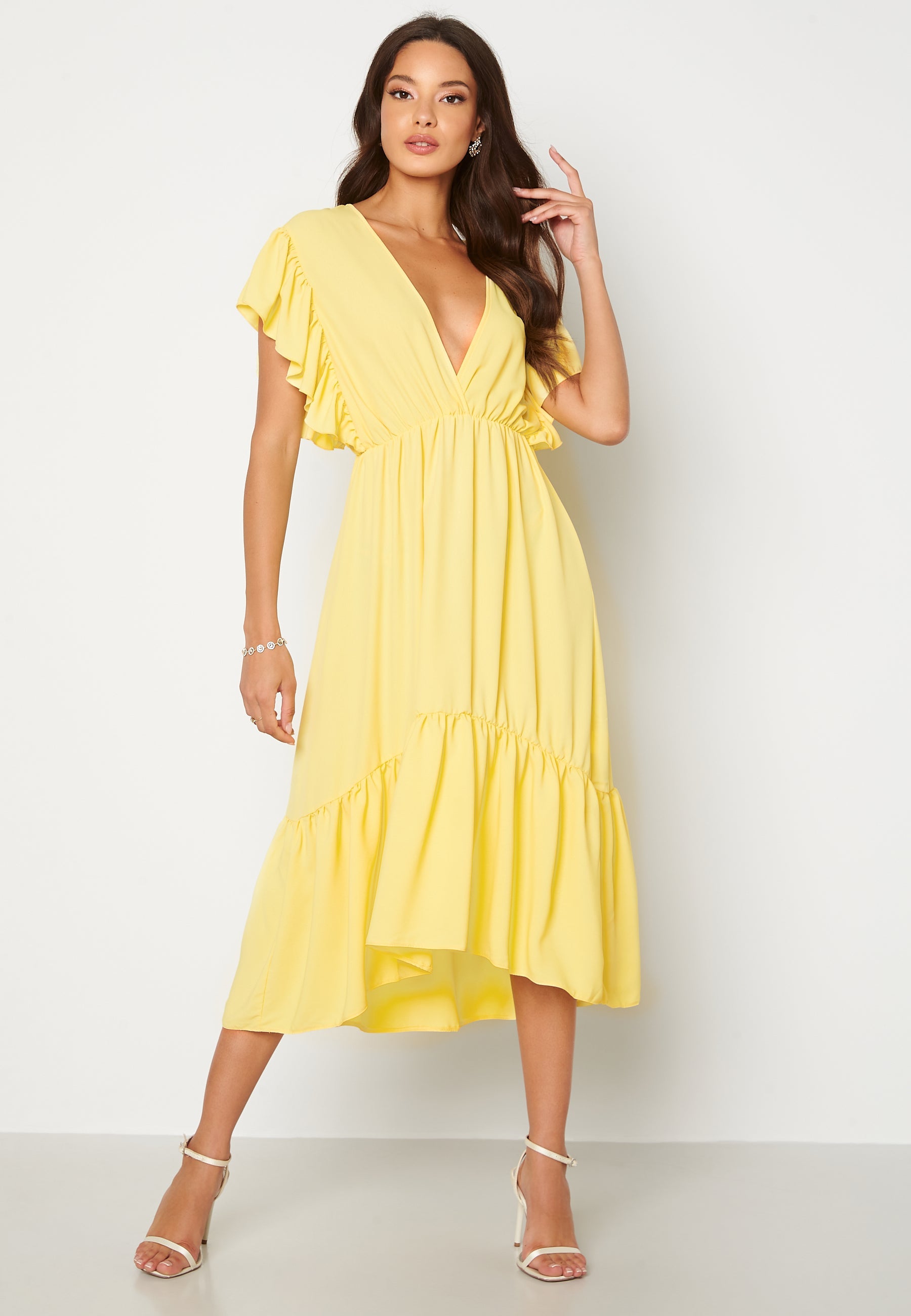 John Zack Frill Sleeve V Neck Midaxi Dress