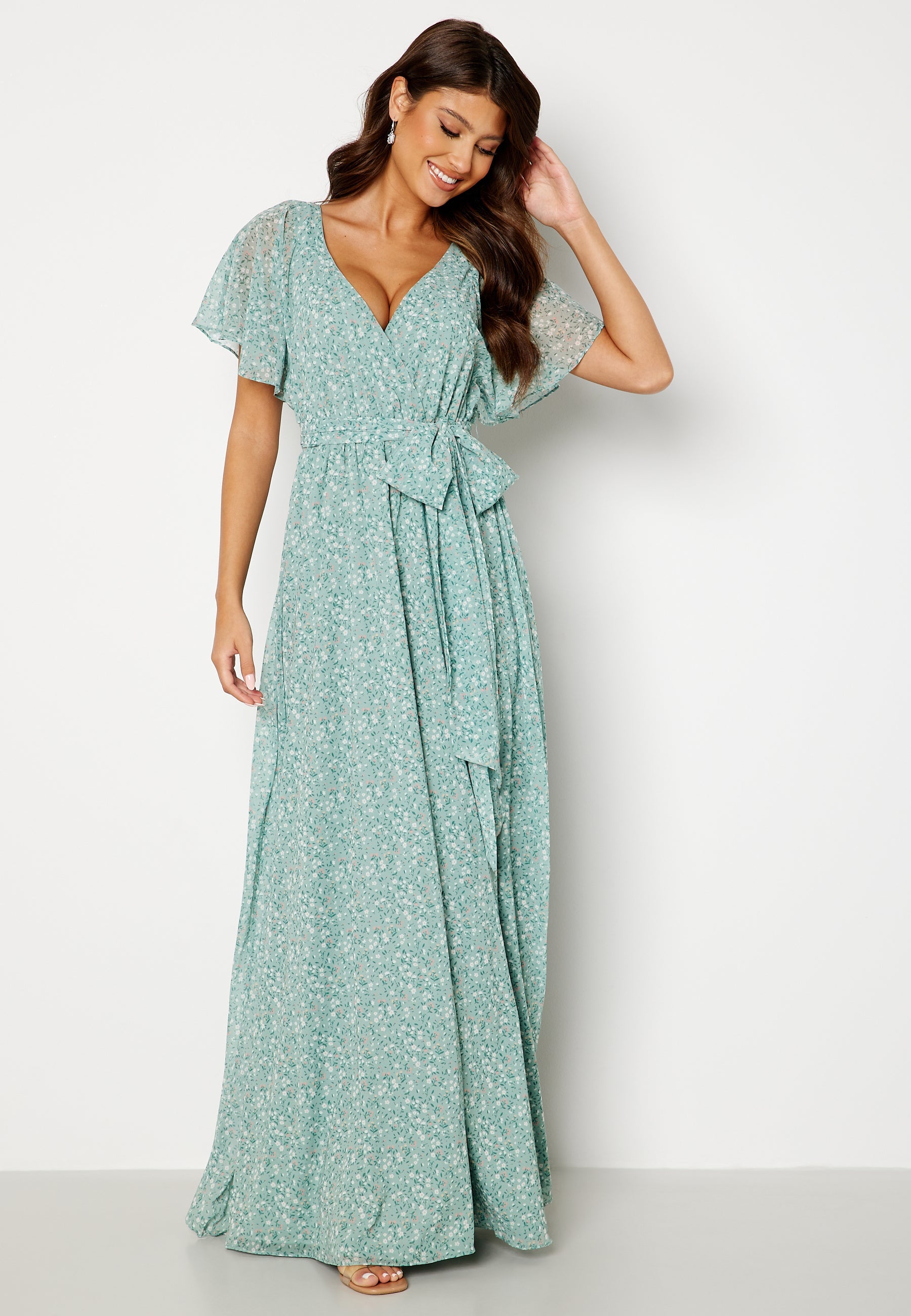Goddiva Ditsy Flutter Sleeve Maxi Dress