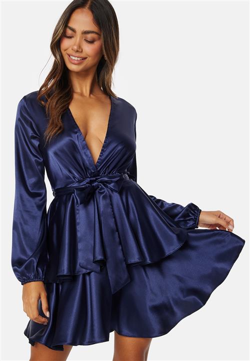 John Zack Satin Deep V Ruffle Skater Dress