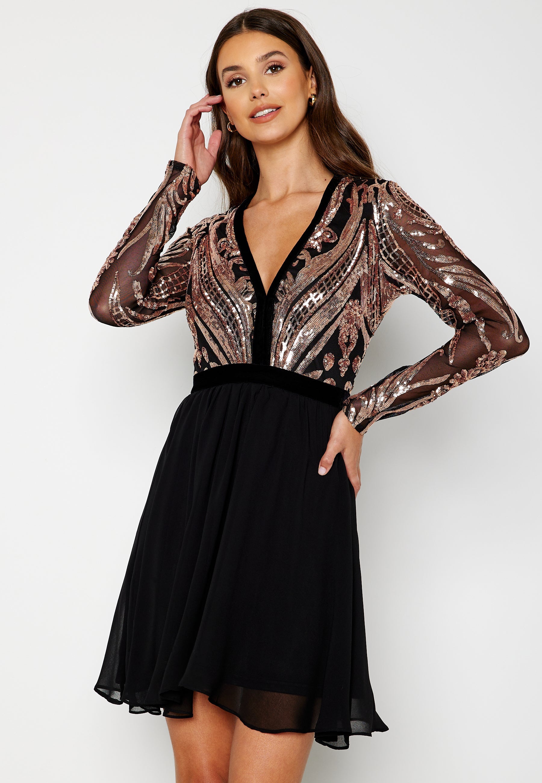 Goddiva Deep V Sequin Bodice Skater Dress