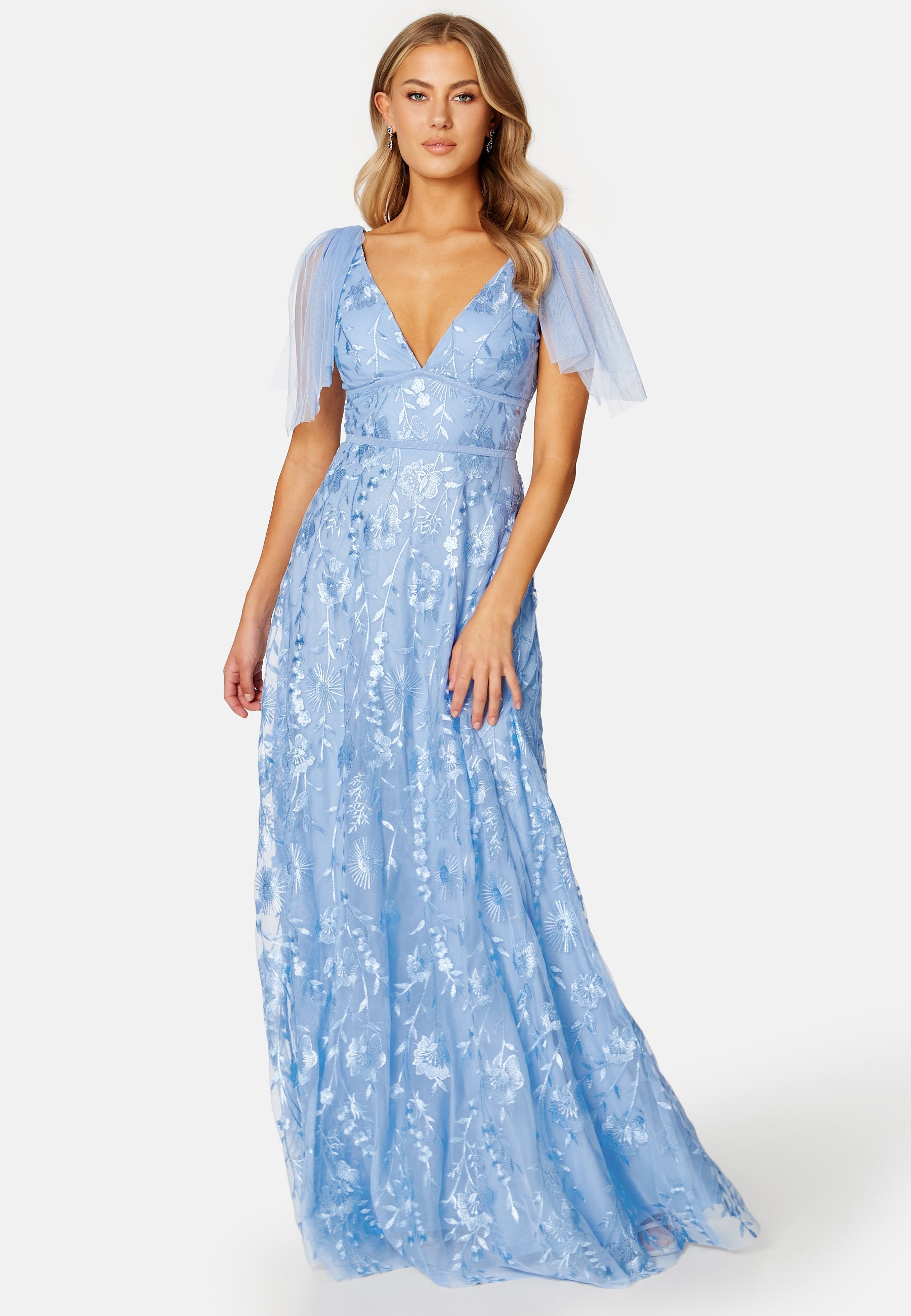 Goddiva Embroidered Lace Flutter Maxi Dress