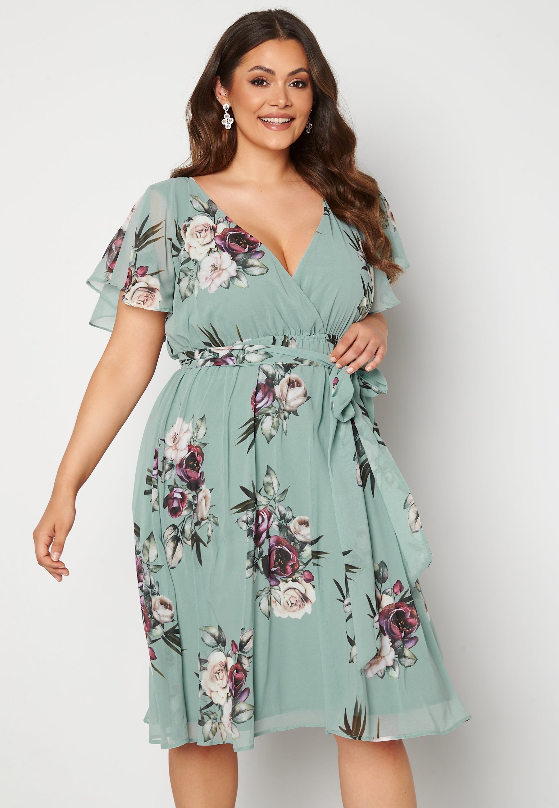 Goddiva Curve Floral Flutter Sleeve Midi Curve Dress