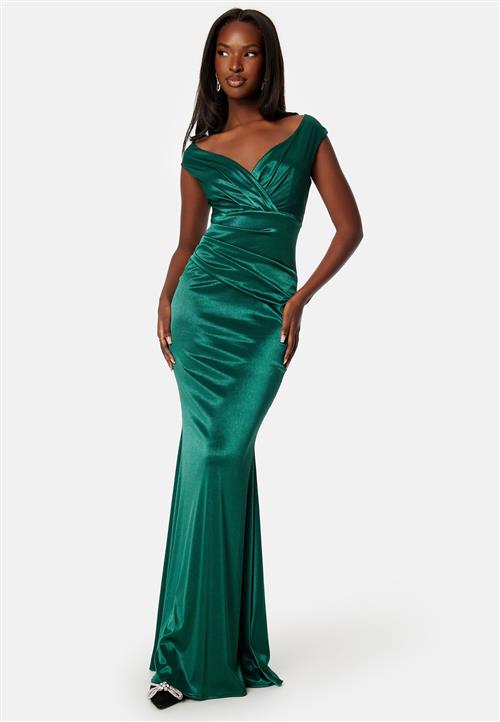 Goddiva Satin Bardot Pleat Maxi Dress