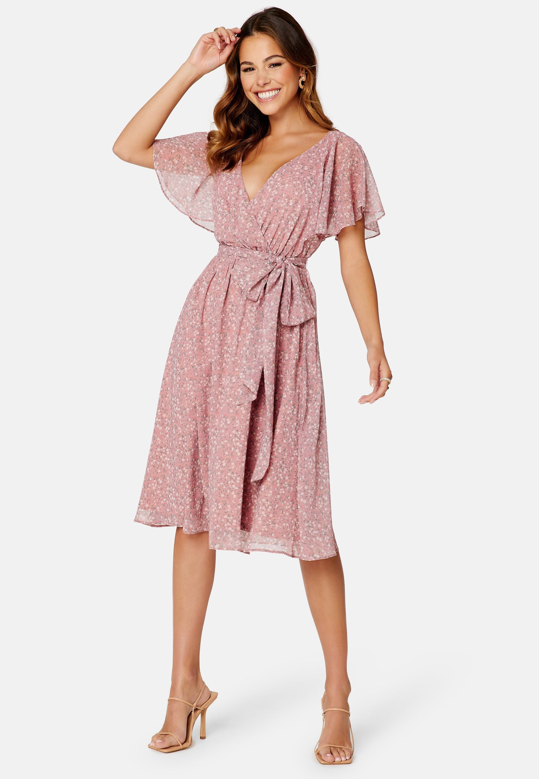 Goddiva Ditsy Flutter Sleeve Midi Dress