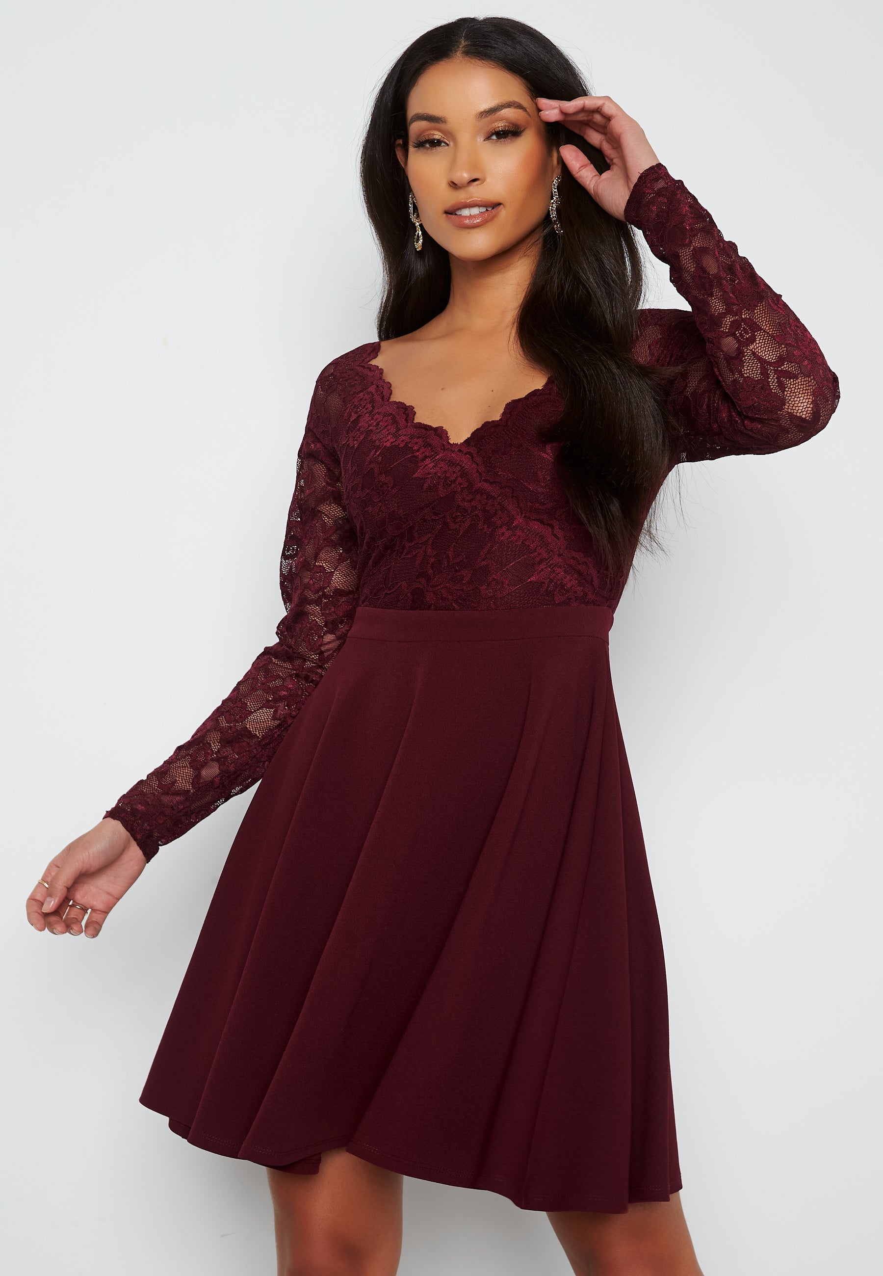 Goddiva Long Sleeve Lace Skater Dress