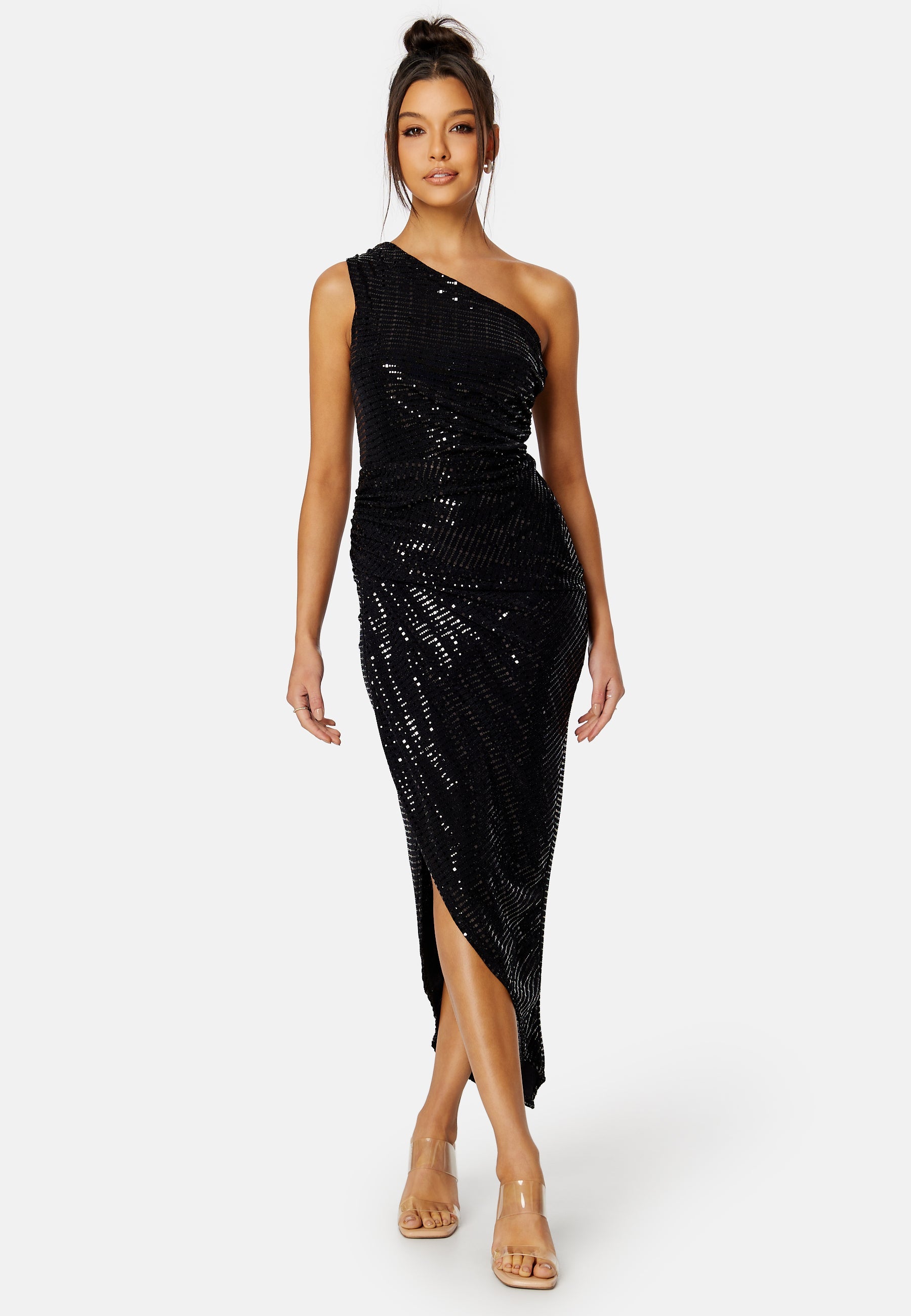 John Zack Sequin One Shoulder Sleeve Rouch Dress