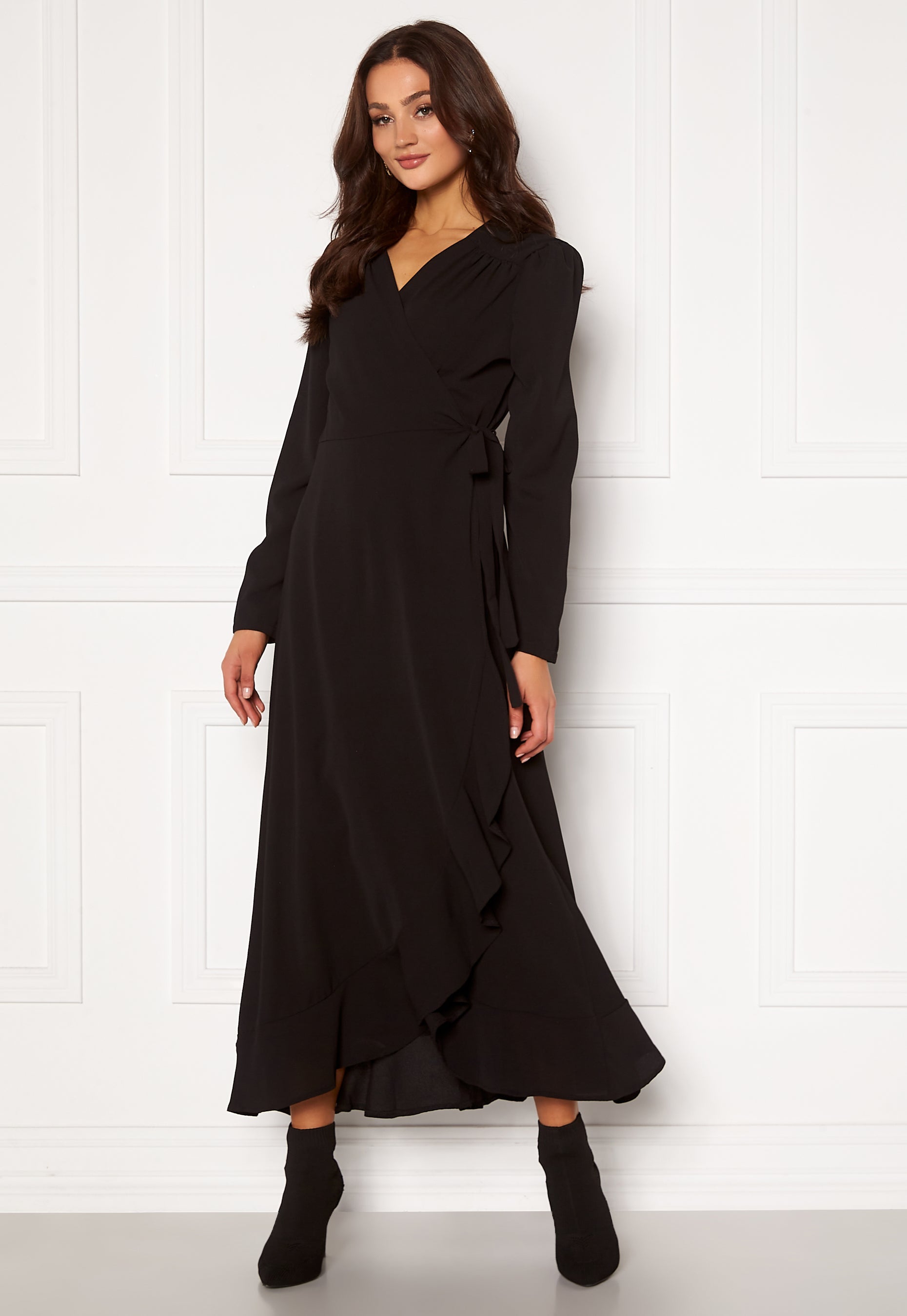 John Zack Long Sleeve Wrap Frill Maxi Dress
