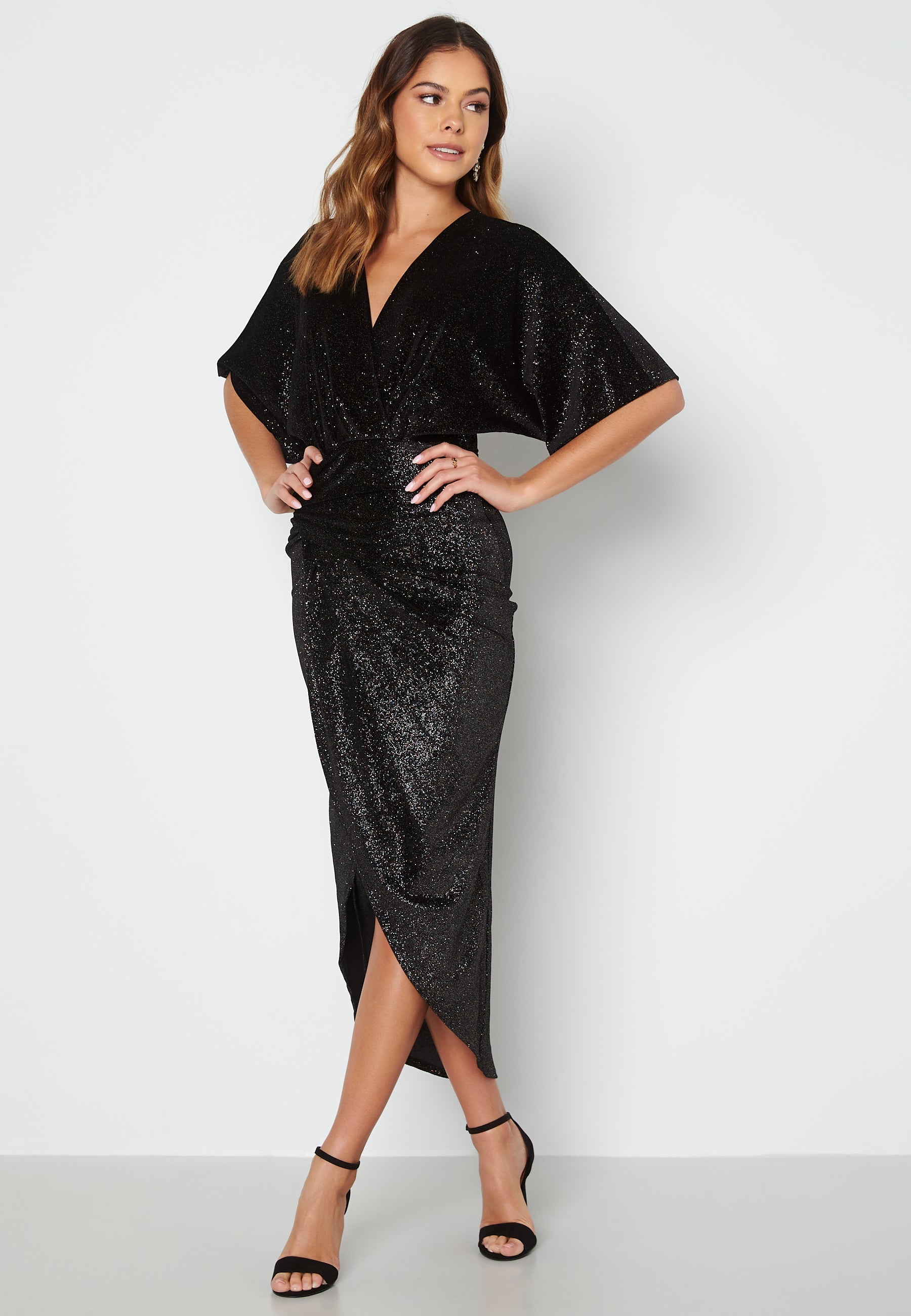 John Zack Velvet Glitter Kimono Sleeve Rouch Dress