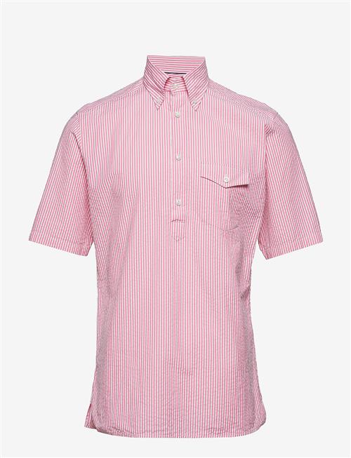 Eton | Navy Striped Seersucker Short Sleeve Popover Shirt | XS
