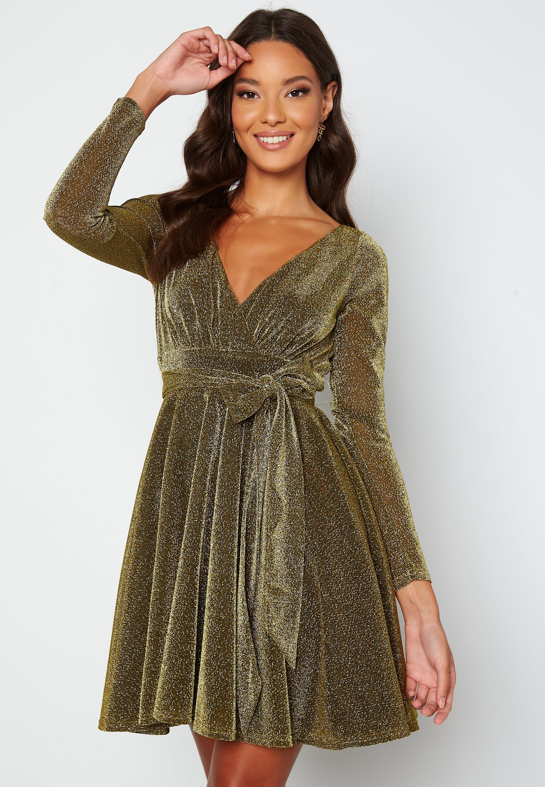 Goddiva Long Sleeve Glitter Skater Dress