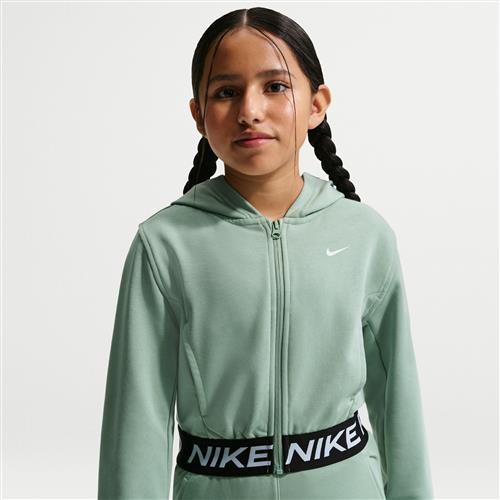 Nike Pro Fleece Dri-FIT-hættetrøje med fuld lynlås til større børn (piger) - grøn