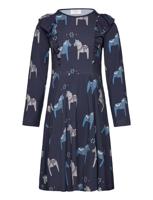 Geggamoja | Bamboo Flared Dress Navy Dala Horse | 74/80