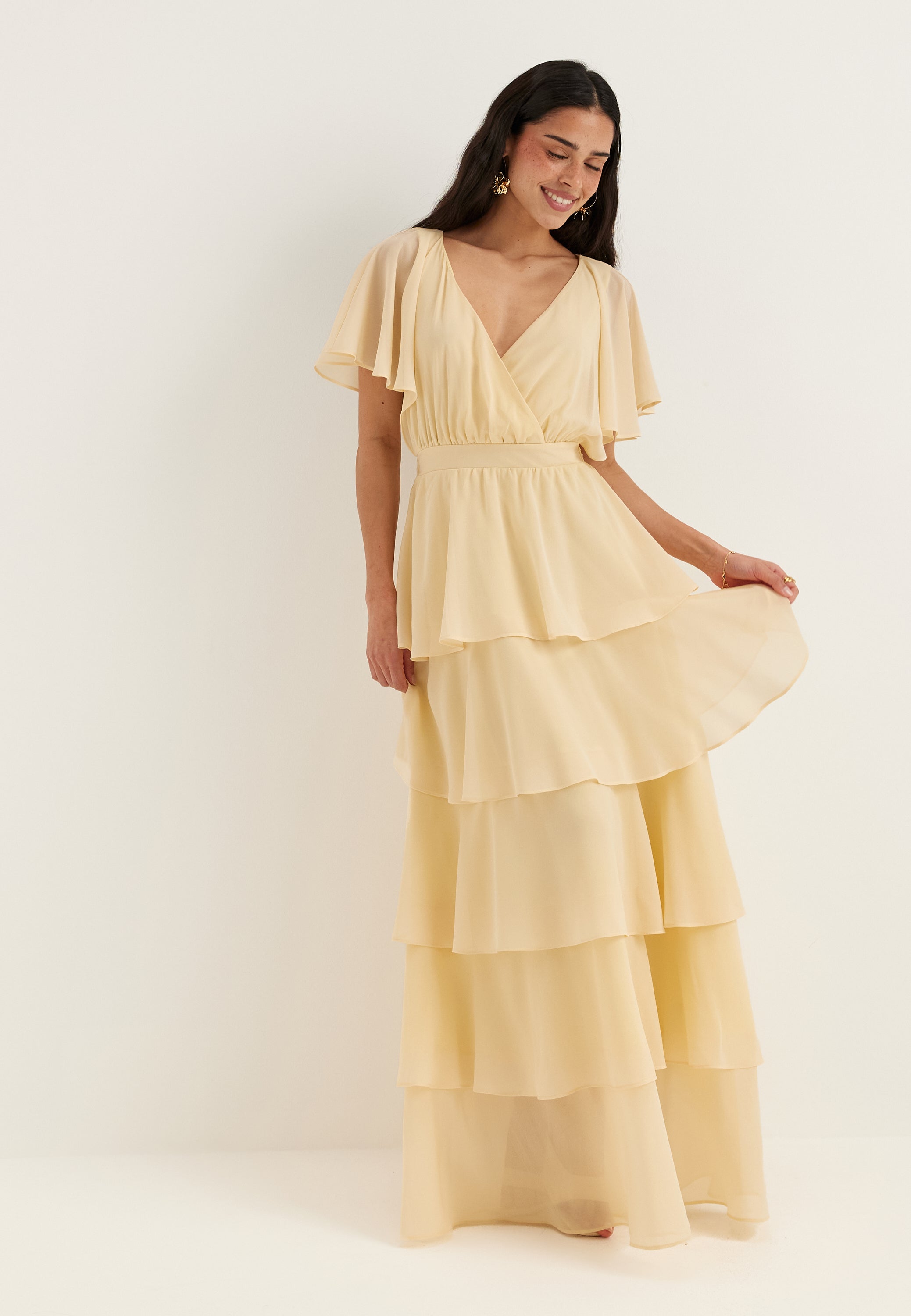 Goddiva Flutter Chiffon Tiered Maxi Dress