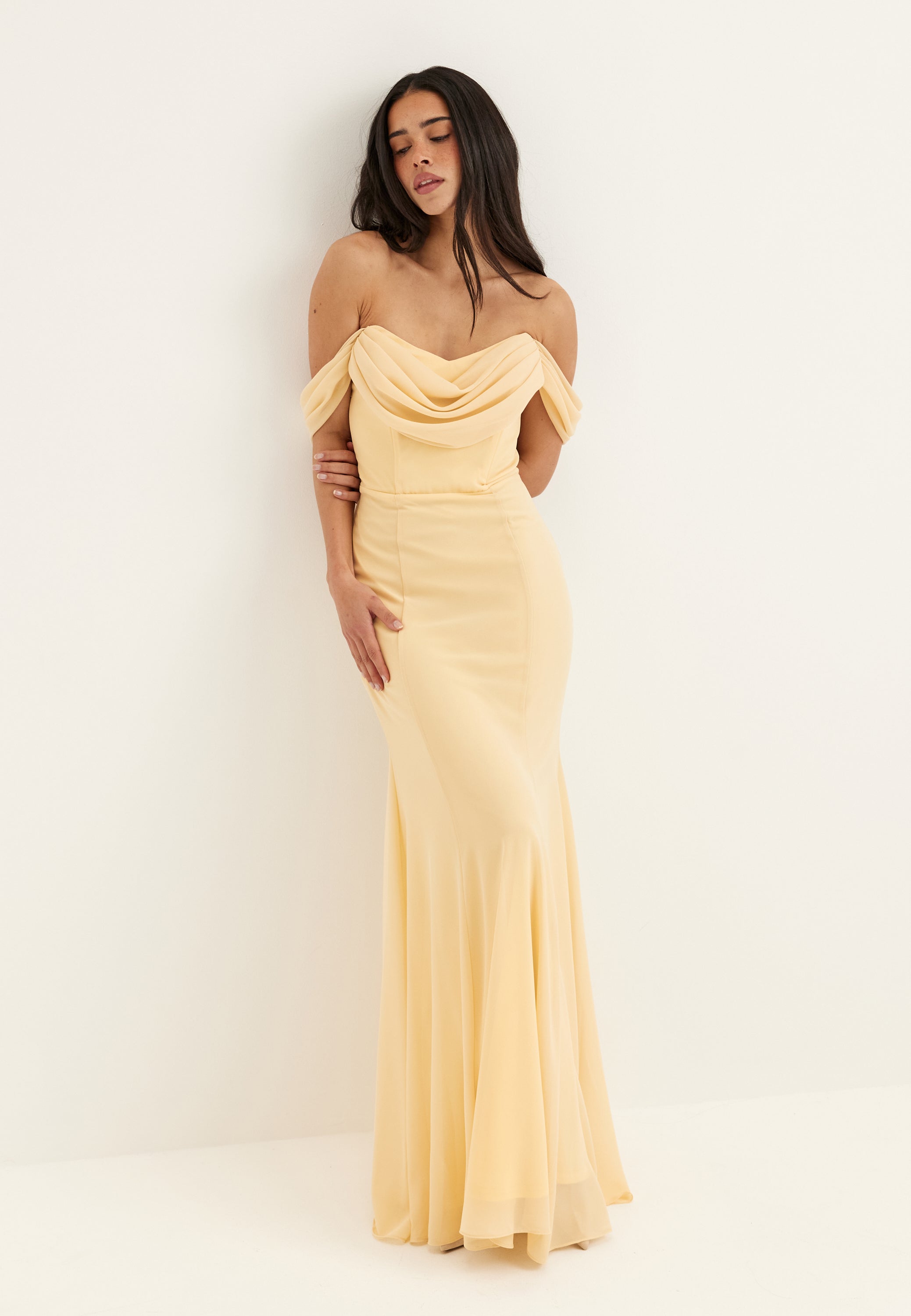 Goddiva Chiffon Off Shoulder Maxi Dress