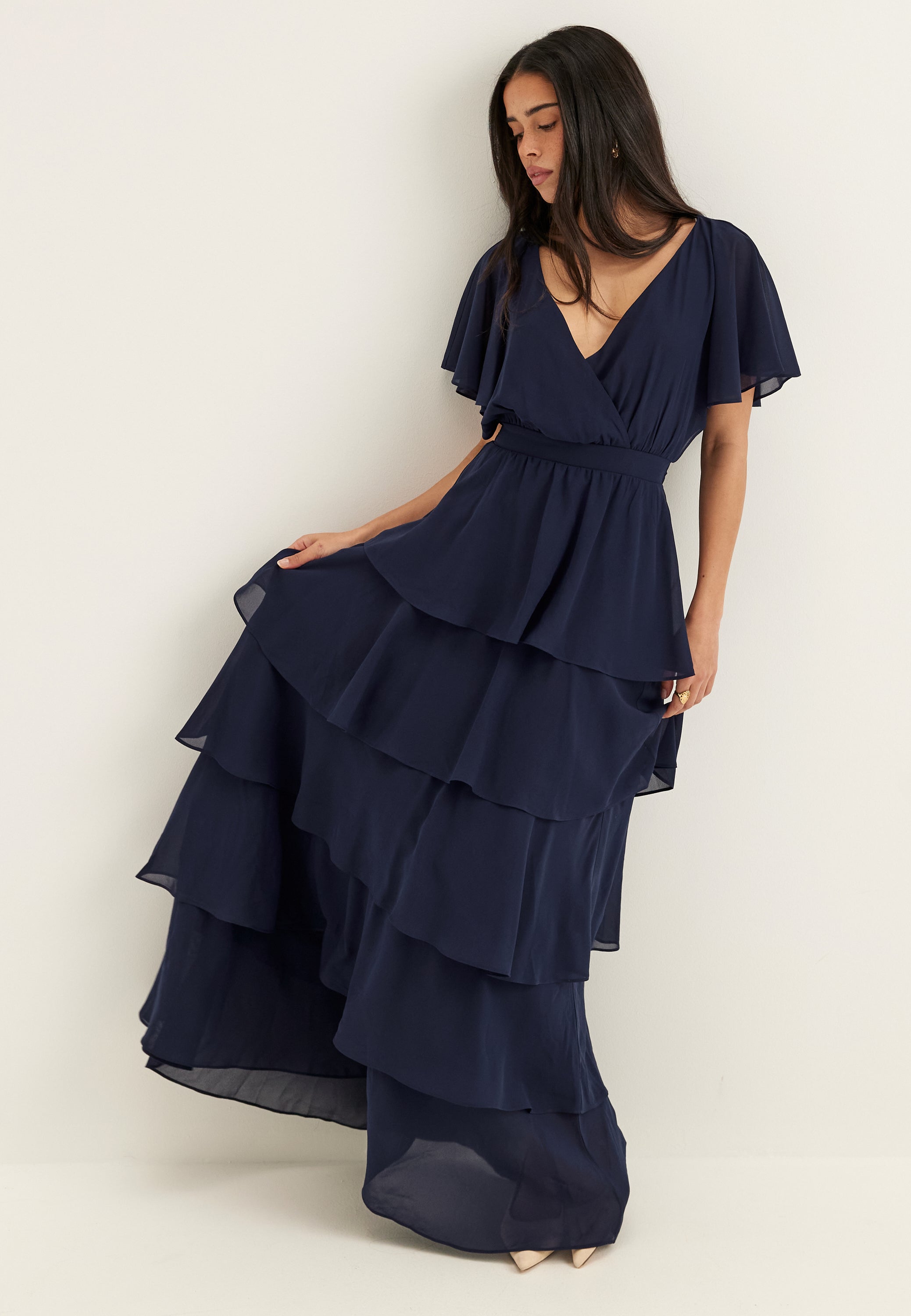 Goddiva Flutter Chiffon Tiered Maxi Dress