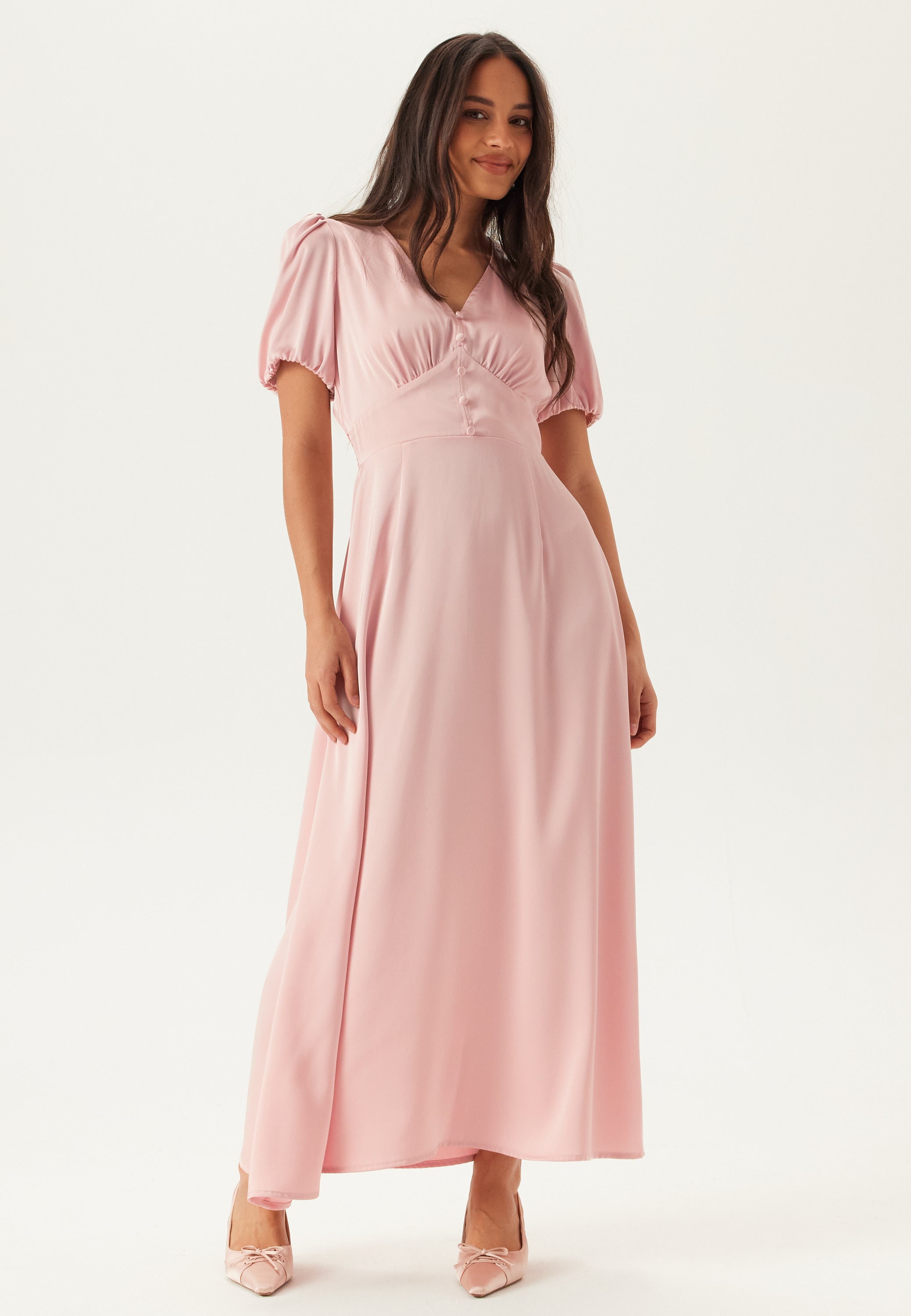BUBBLEROOM Satin Short Sleeve Maxi Dress
