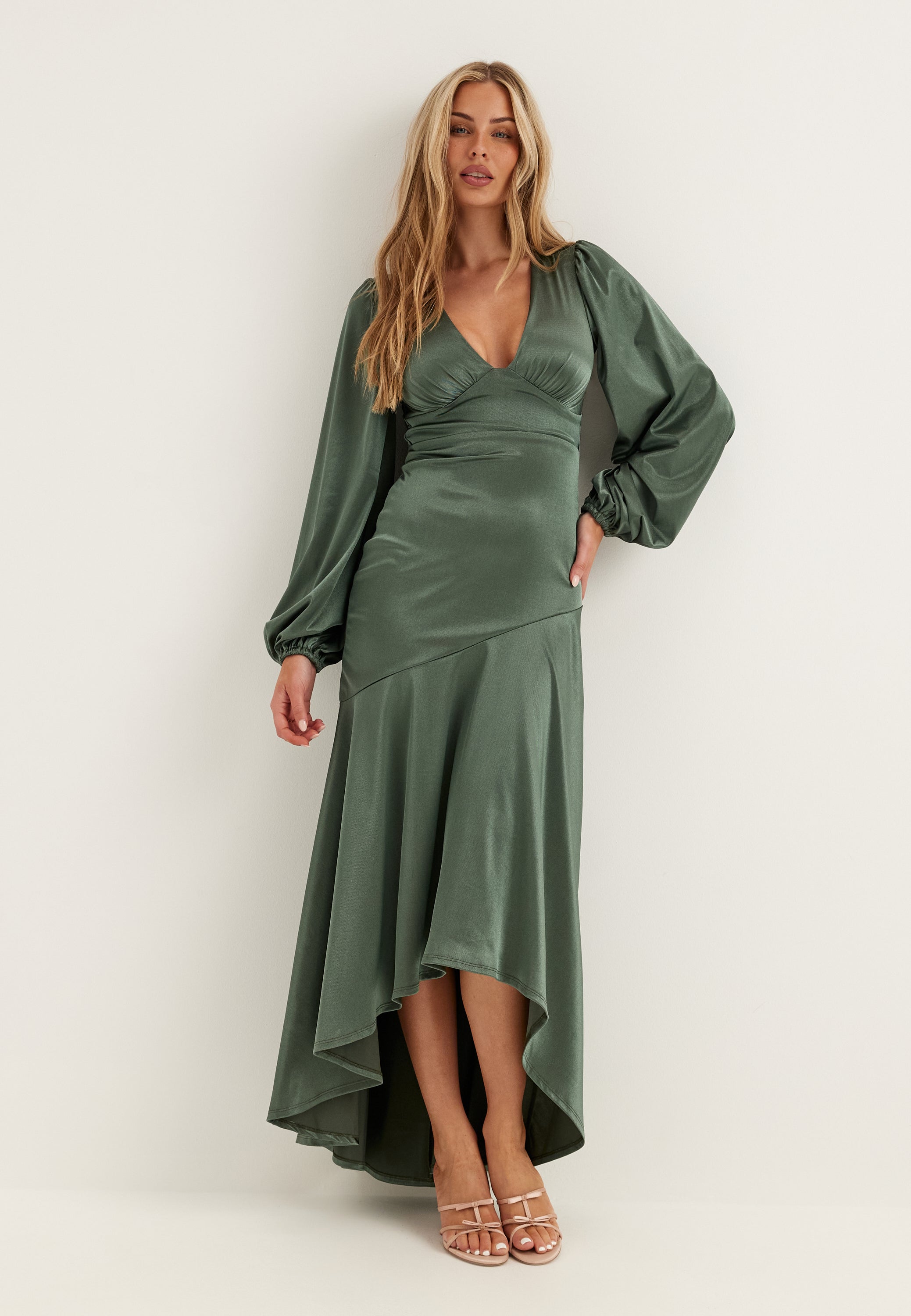 Goddiva Satin Balloon Sleeve High Low