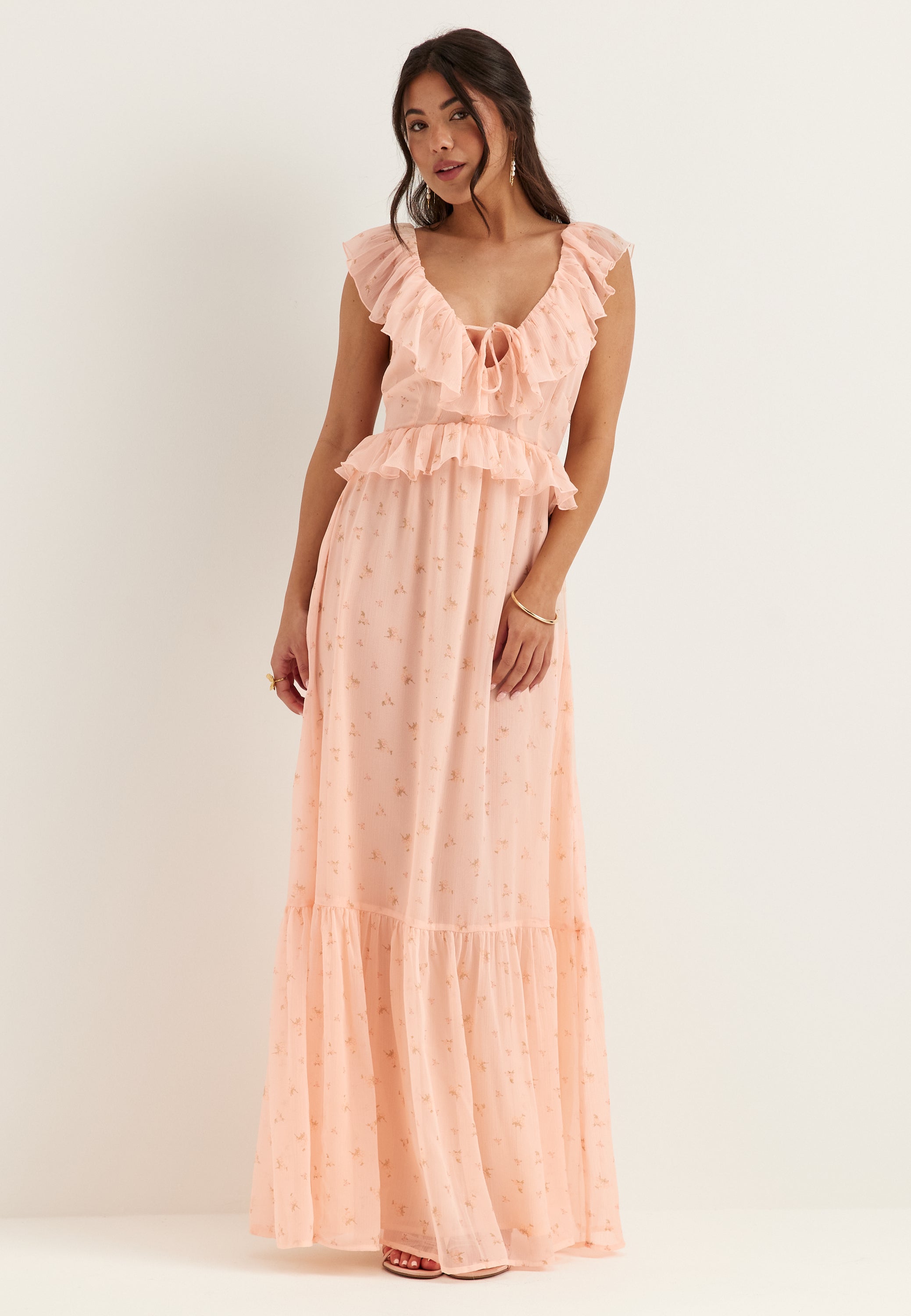 Bubbleroom Occasion Frill Tie Back Chiffon Maxi Dress