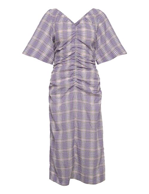 GANNI | Seersucker Check V-Neck Fitted Midi Dress | 34