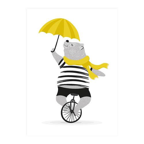 XO Posters Poster Mr Bear on Unicycle With Umbrella One Size  Gul  One Size  Drenge, Piger