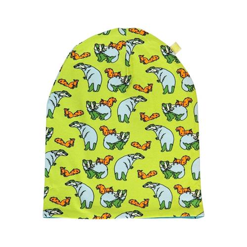 Småfolk Reversible beanie with badger, fox and Fall leaves  Pear Green 48/50 cm  Grøn  48/50 cm  Drenge
