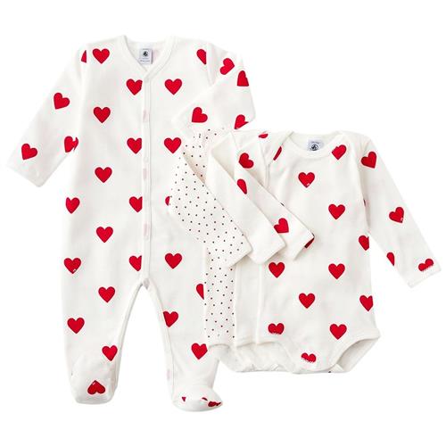 Petit Bateau Hearts 3 Bodysuits Gavesæt White Red 12 months  Hvid  12 måneder  Drenge, Piger