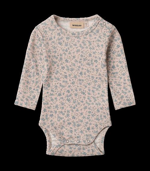 Wheat Lucca Uld Med Lange Ærmer Body Blue Flowers  Blue Flowers 80 cm Wool Lyserød  80 cm  Piger