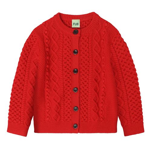 FUB Aran Cardigan I Uld Signal Red  Signal Red-140 cm Wool Rød  140 cm  Drenge, Piger