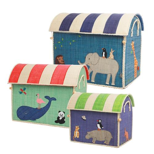 RICE Animal 3-pak Raffia-opbevaringshus Blue  Blue One Size  Blå  One Size  Drenge, Piger