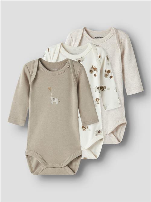 Name It Animal Print 3-pak Baby Bodys Jet Stream  Jet Stream 98 cm  Beige  98 cm  Drenge, Piger