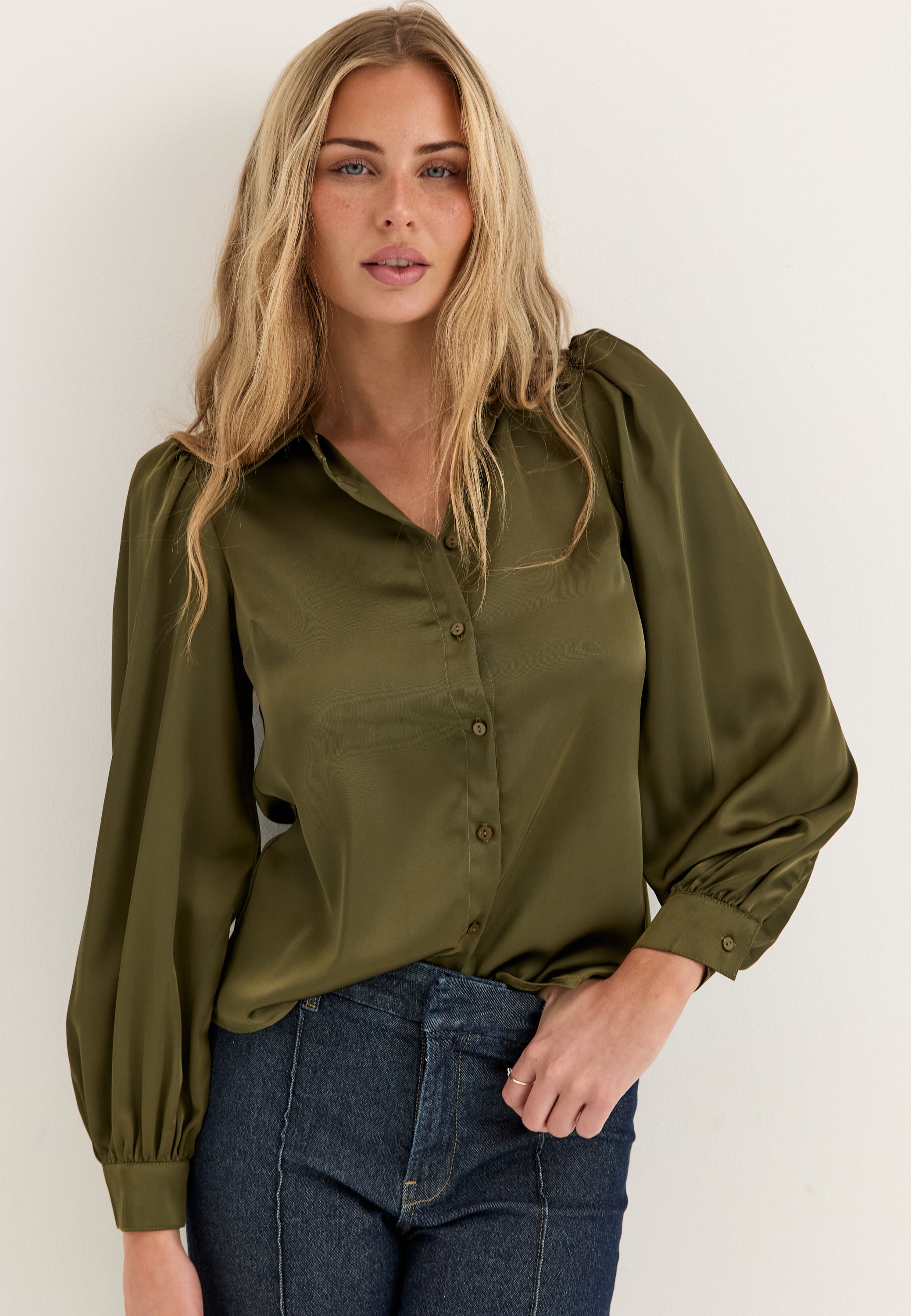 BUBBLEROOM Puff Sleeve Satin Shirt