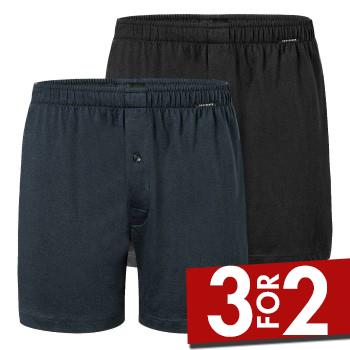 Schiesser 2P Long Boxershorts Sort/Blå bomuld 3XL Herre