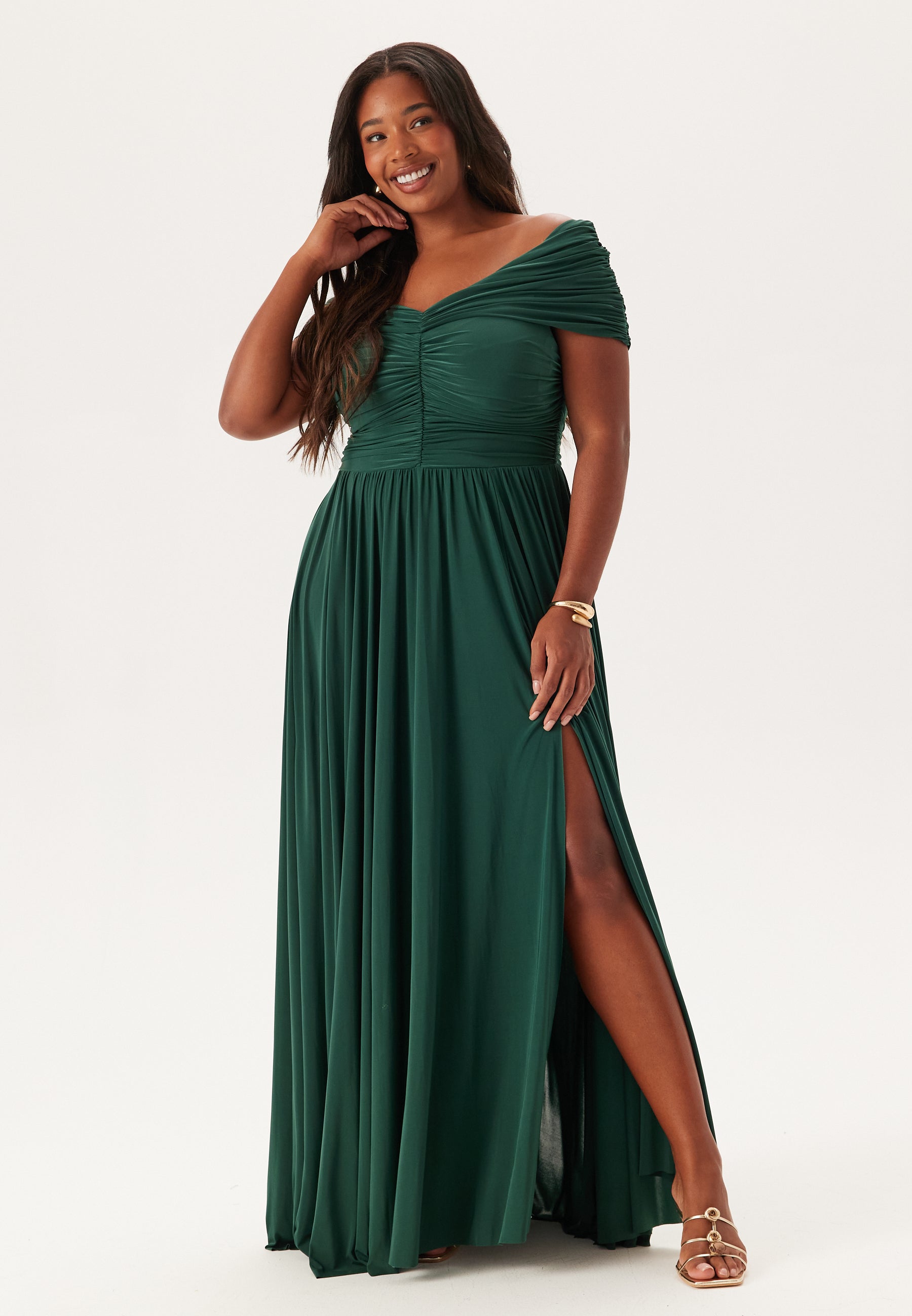Goddiva Curve Bardot Rouched Maxi With Split