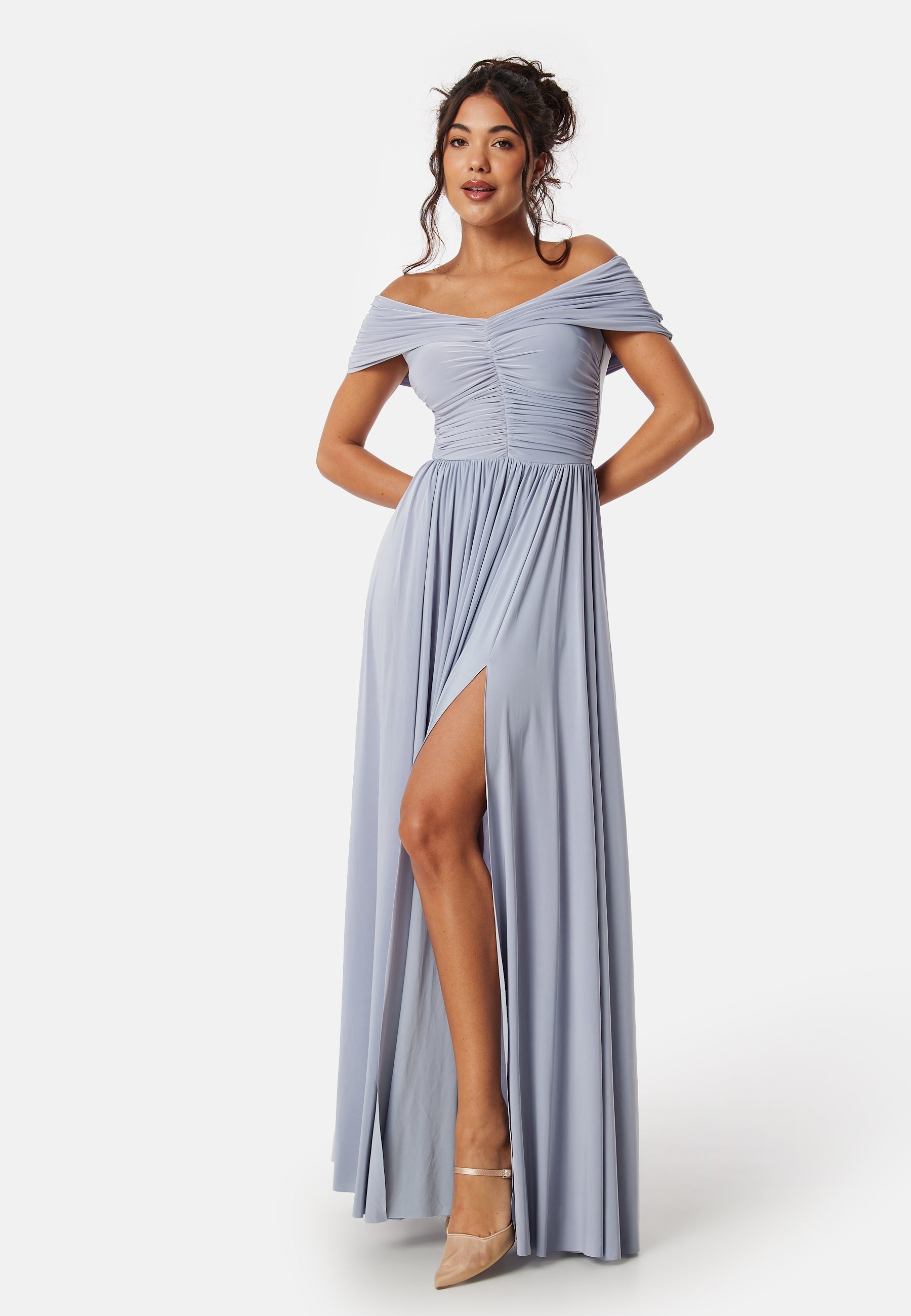 Goddiva Bardot Rouched Maxi Split Dress