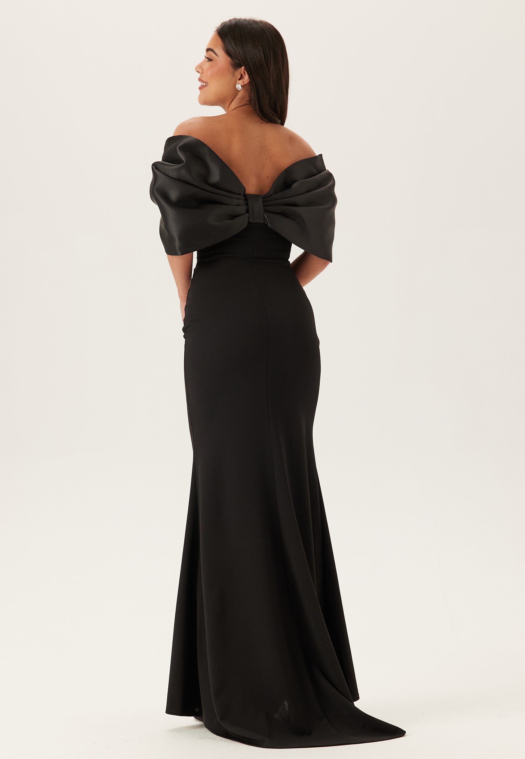Goddiva Bardot Satin Bow Back Maxi Dress