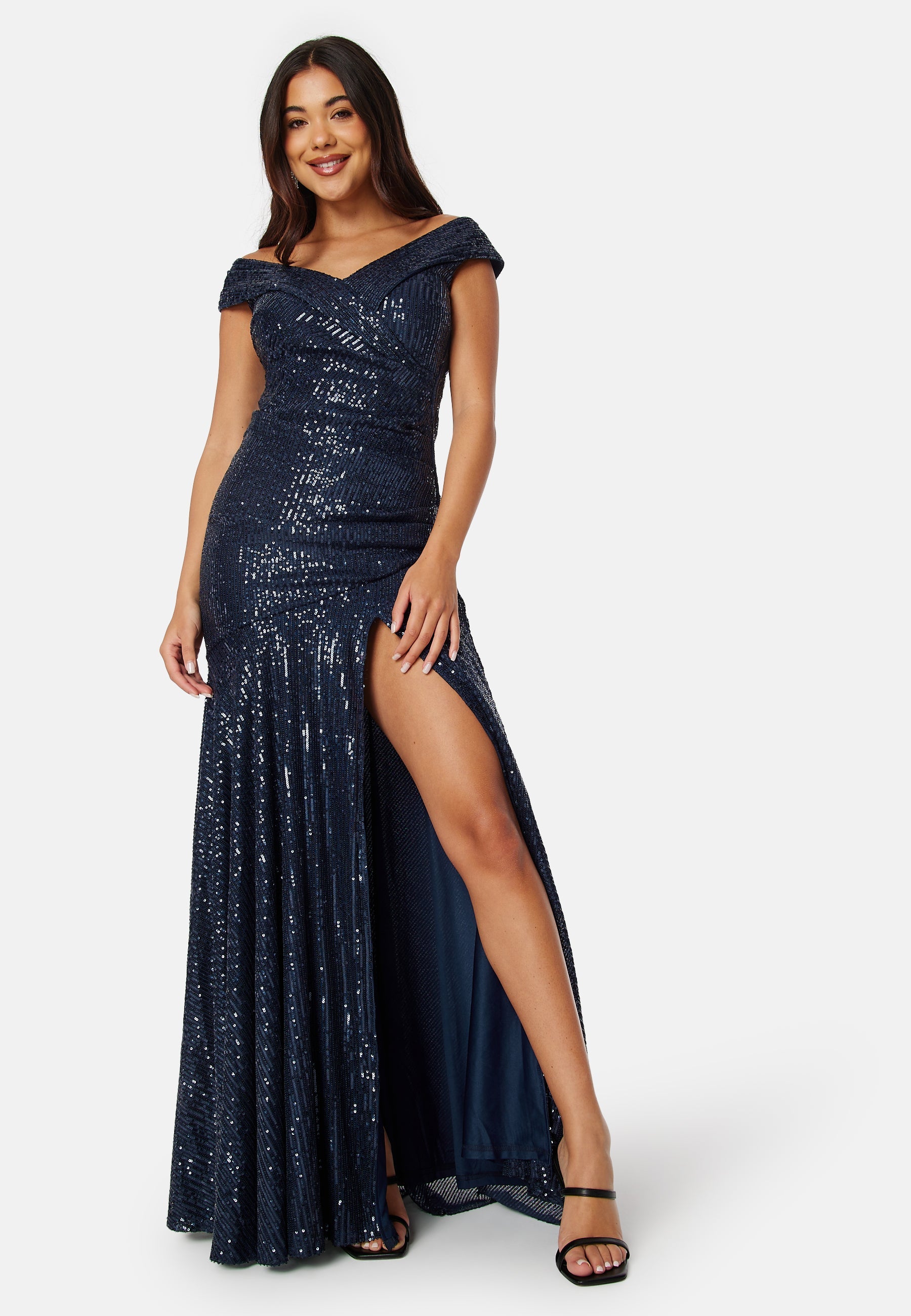 Goddiva Sequin Bardot Pleat Maxi With Split