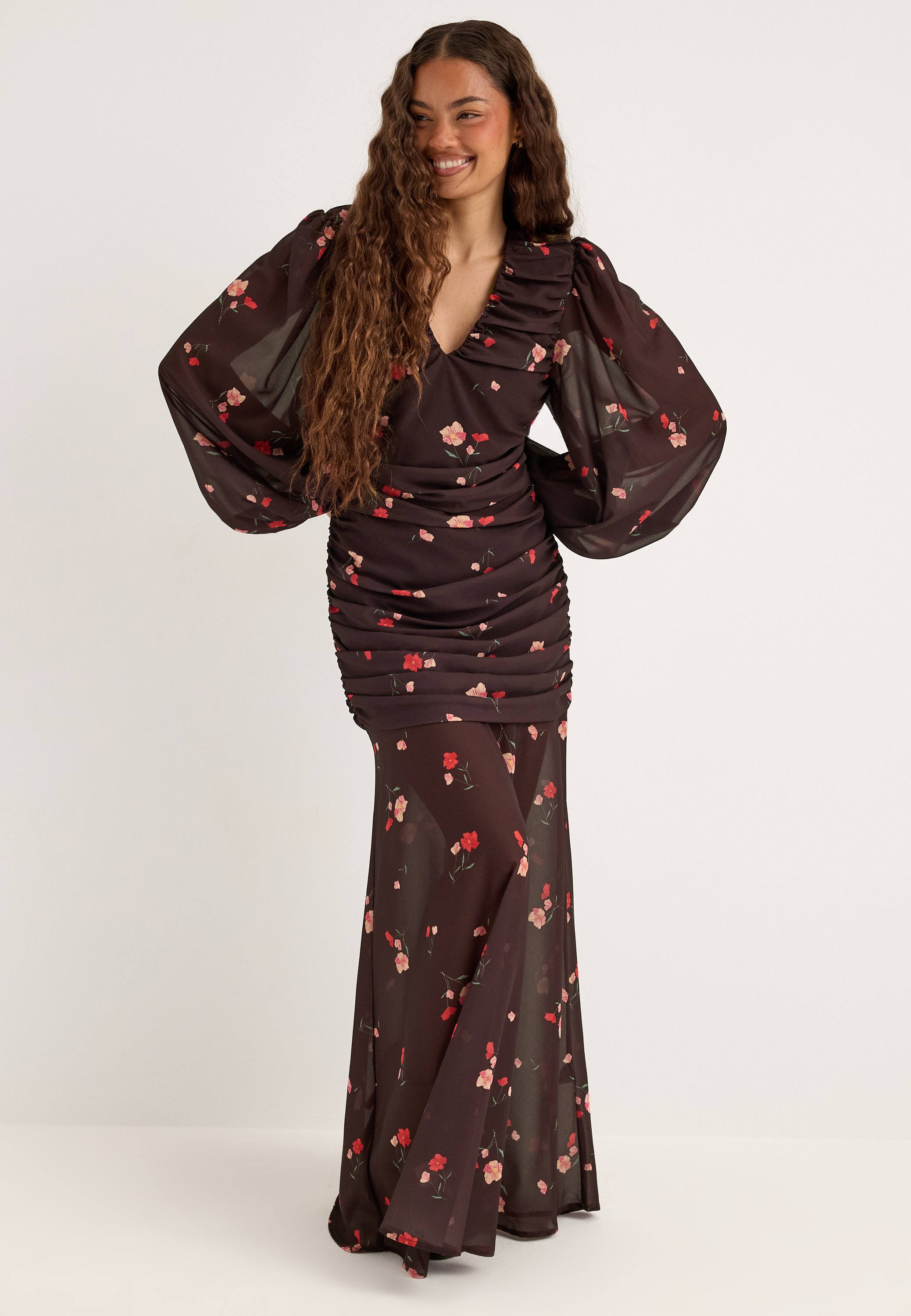 BUBBLEROOM OCCASION Balloon Sleeve Chiffon Maxi Dress