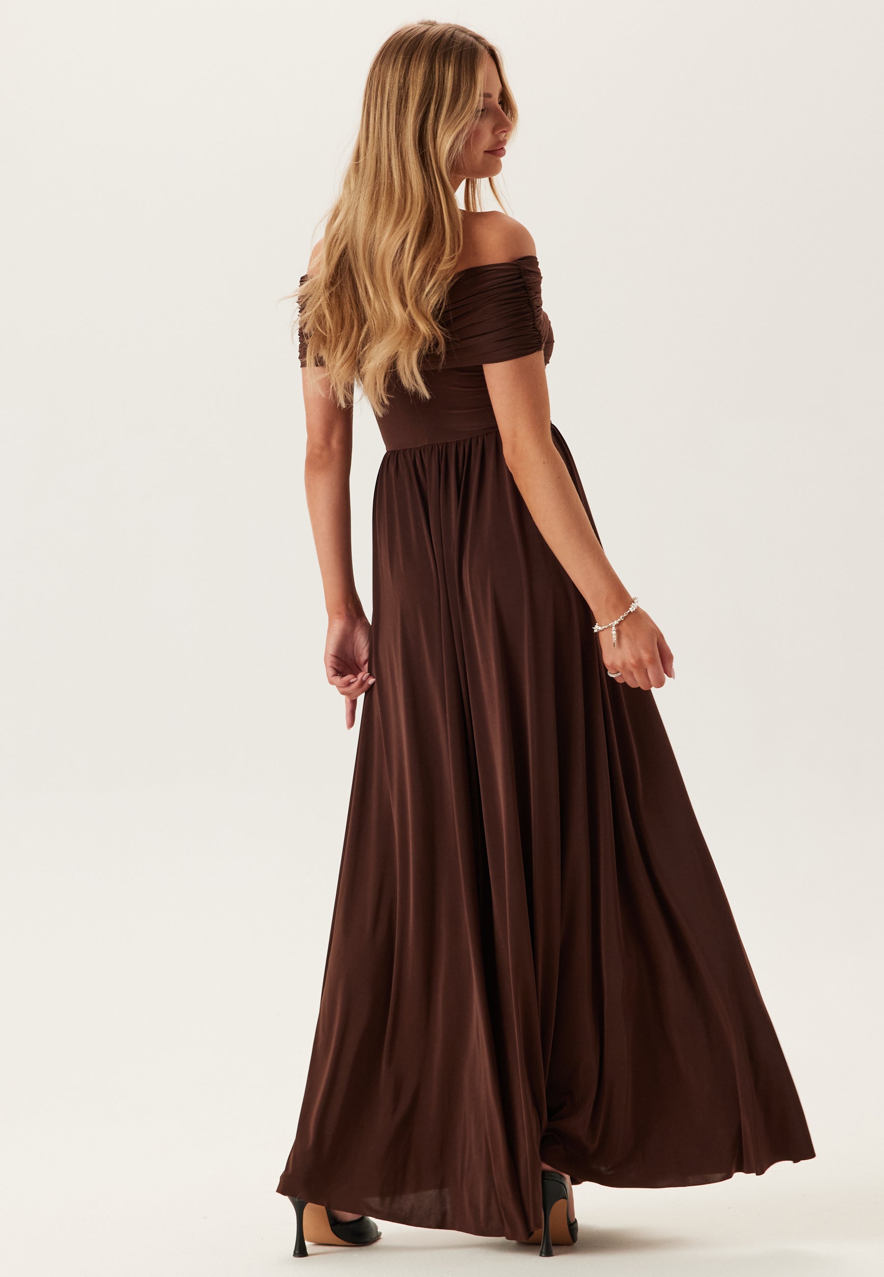 Goddiva Bardot Rouched Maxi Split Dress