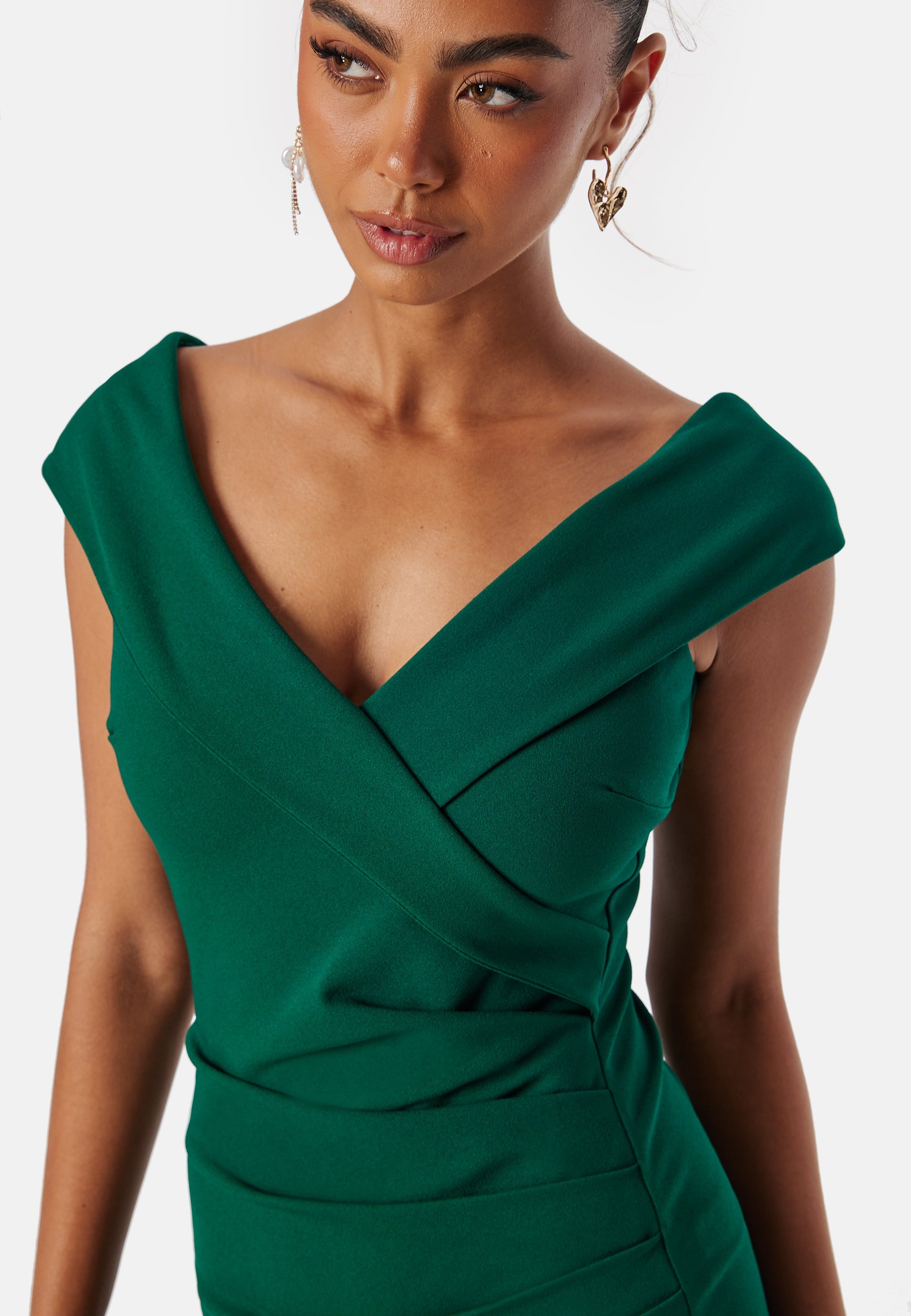 Goddiva Bardot Pleat Maxi Split Dress