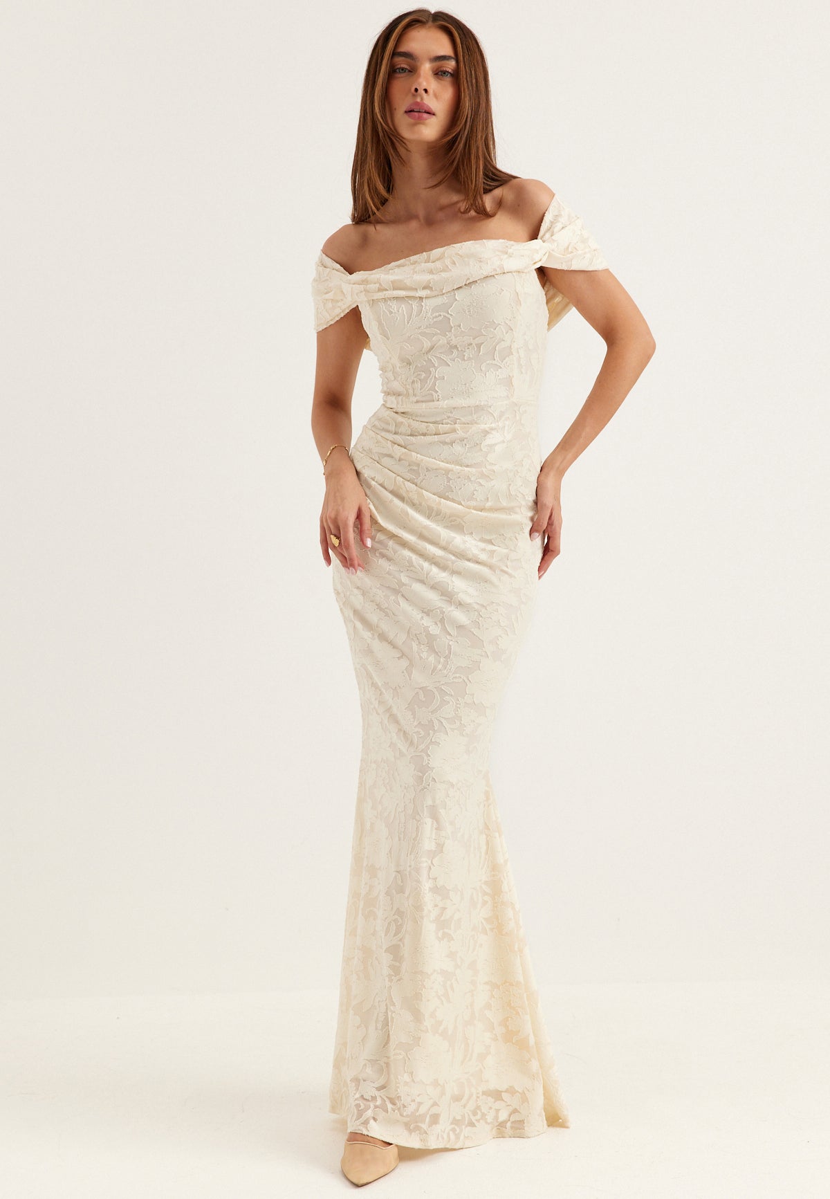 BUBBLEROOM OCCASION Off Shoulder Burnout Gown