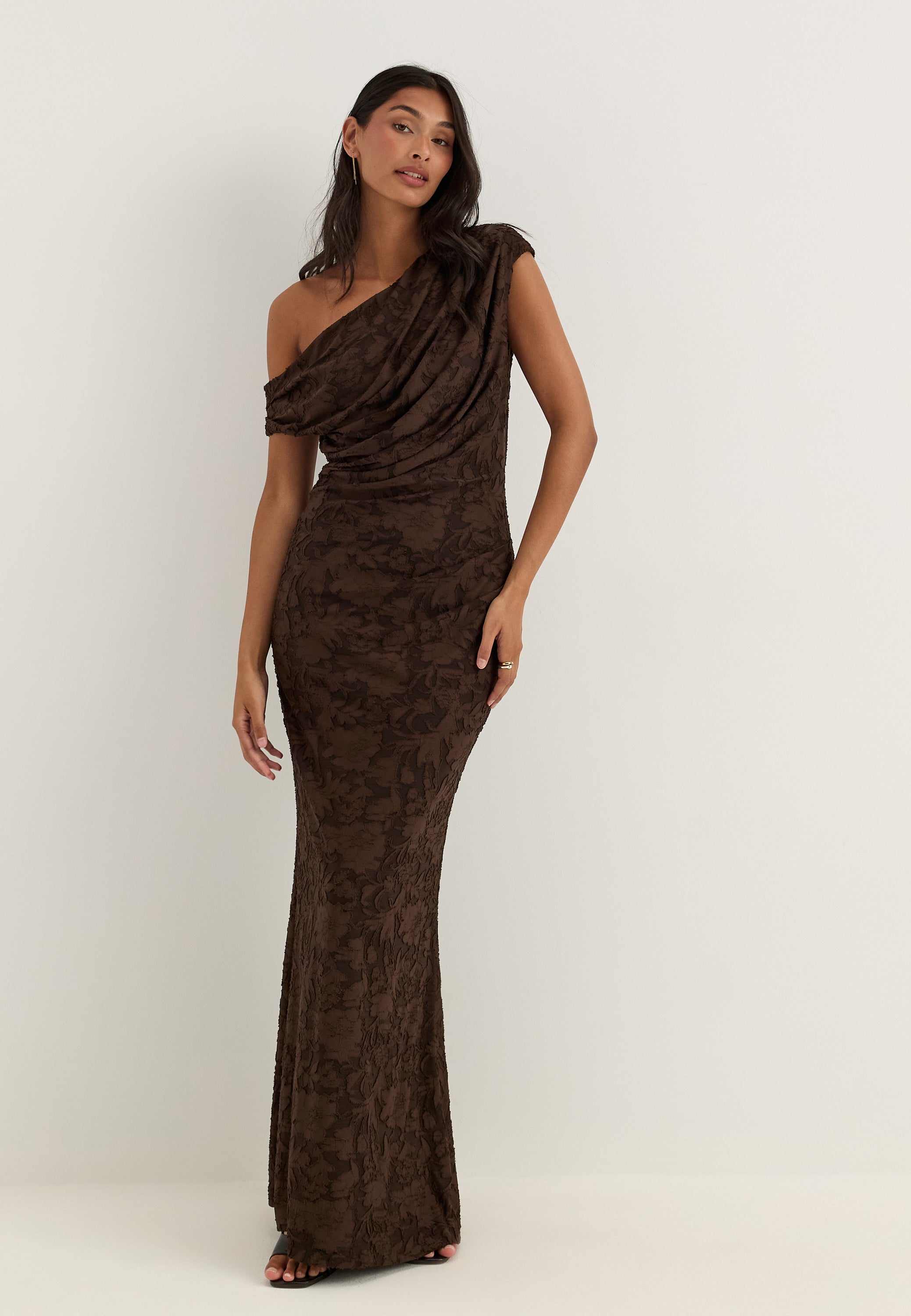BUBBLEROOM OCCASION Asymmetric Draped Floral Burnout Maxi Dress