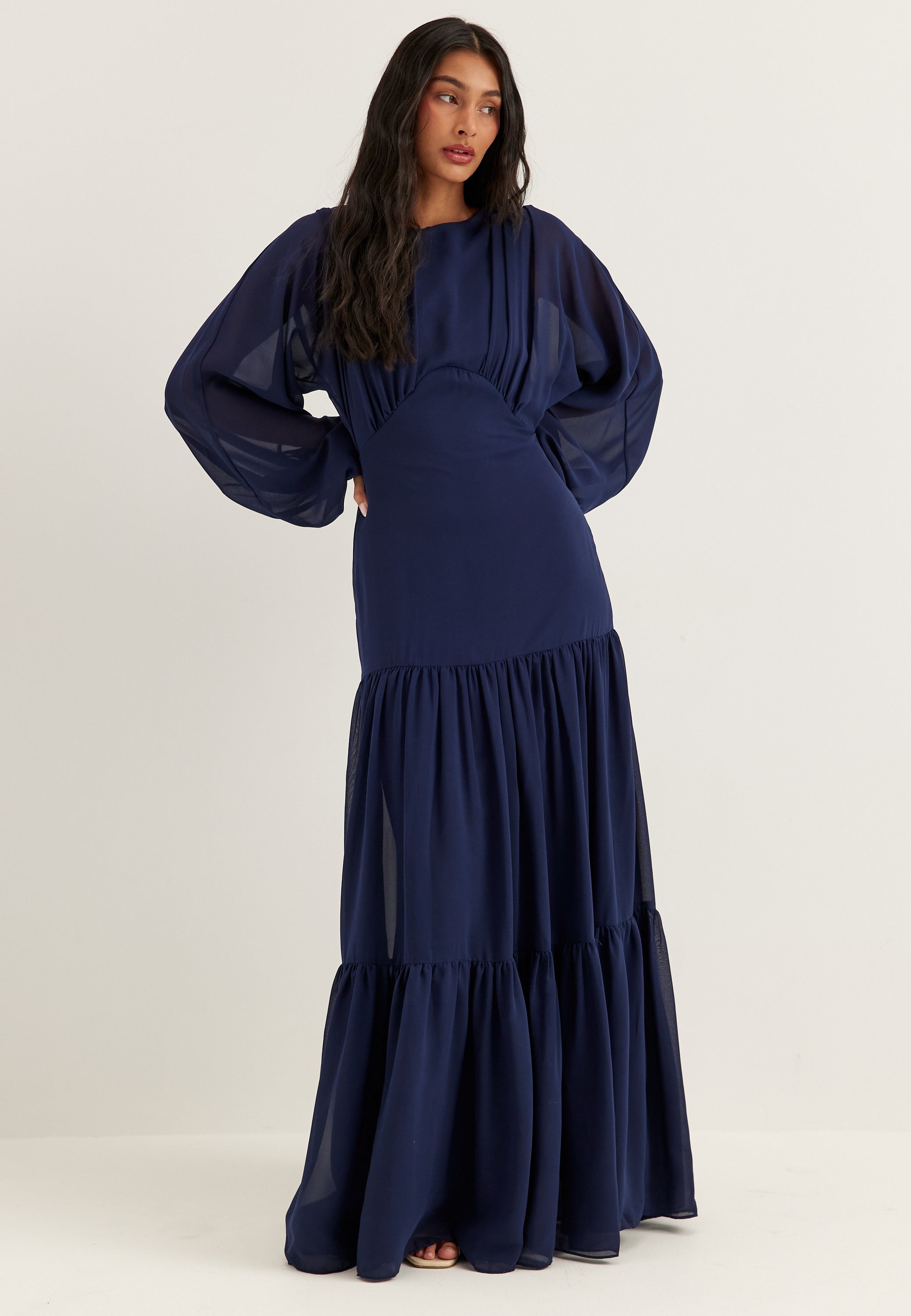 GODDIVA Batwing Chiffon Tiered Maxi Dress