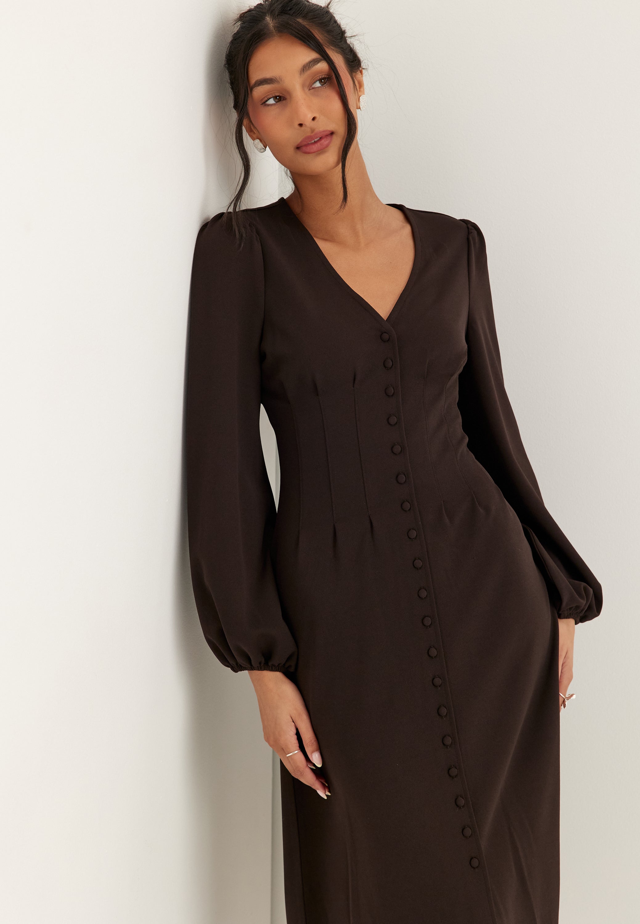 BUBBLEROOM Midi Button Volume Sleeve Dress