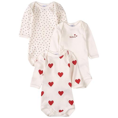 Petit Bateau 3-pak Heart Print Babybodyer Hvide 6 months  Hvid  6 måneder  Piger