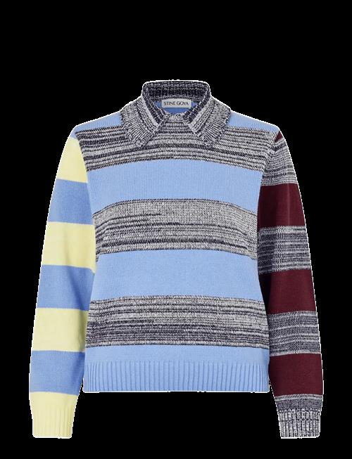 STINE GOYA | Cotton Mix / Crochet Cotton, Mix Stripe Polo Collar Sweater | XS