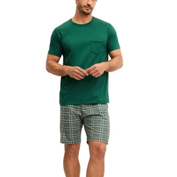 Calida Relax Imprint O Neck Short Pyjama Grøn/Rudet bomuld X-Large Herre