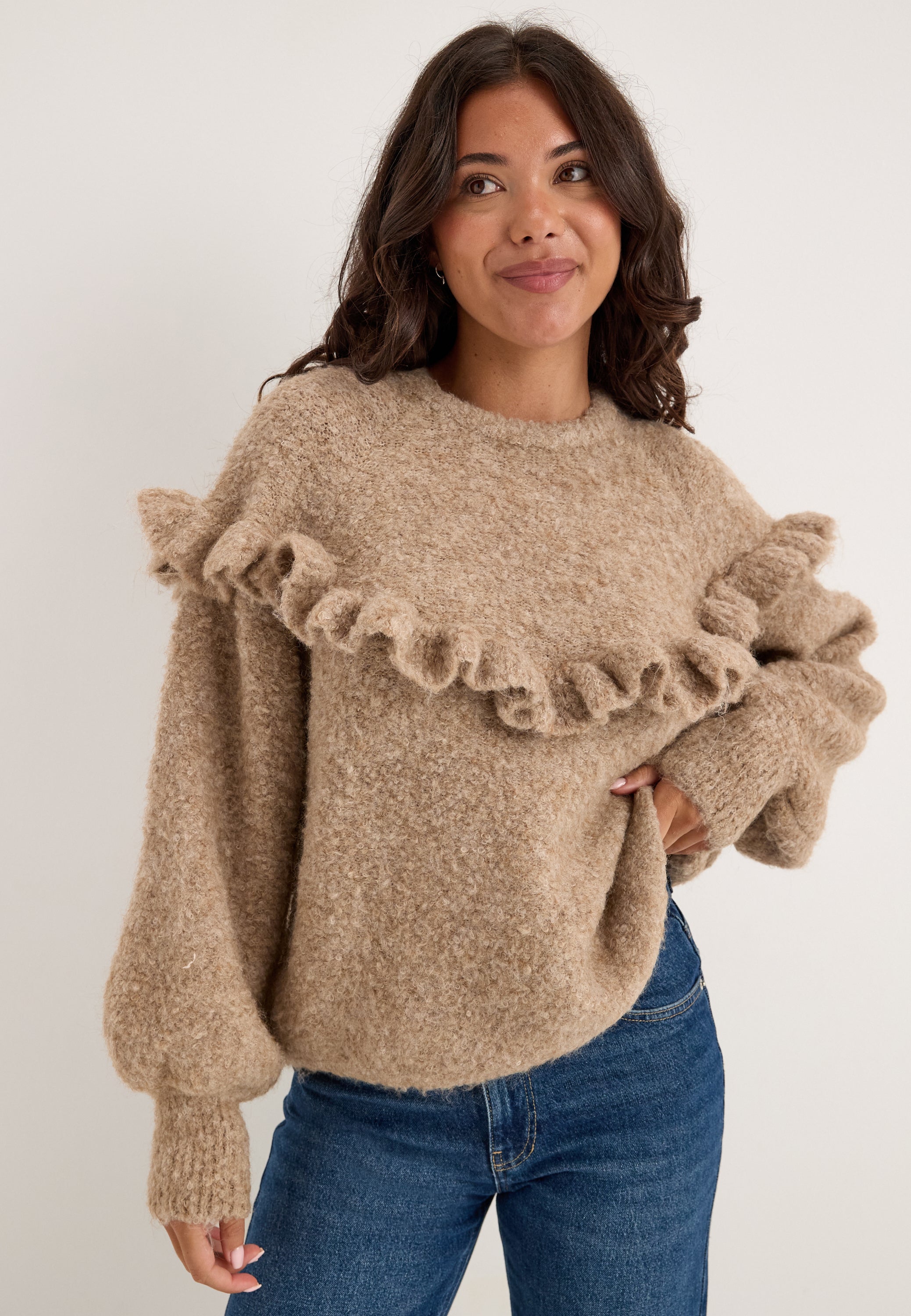 PIECES Pcatherine Ls O-neck Short Frill Knit