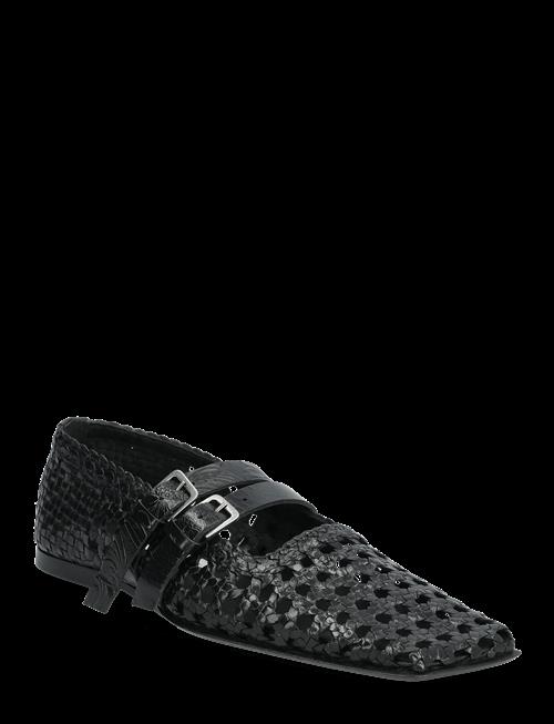 MIISTA | Kiran Black Woven Leather Strappy Ballerinas | 39